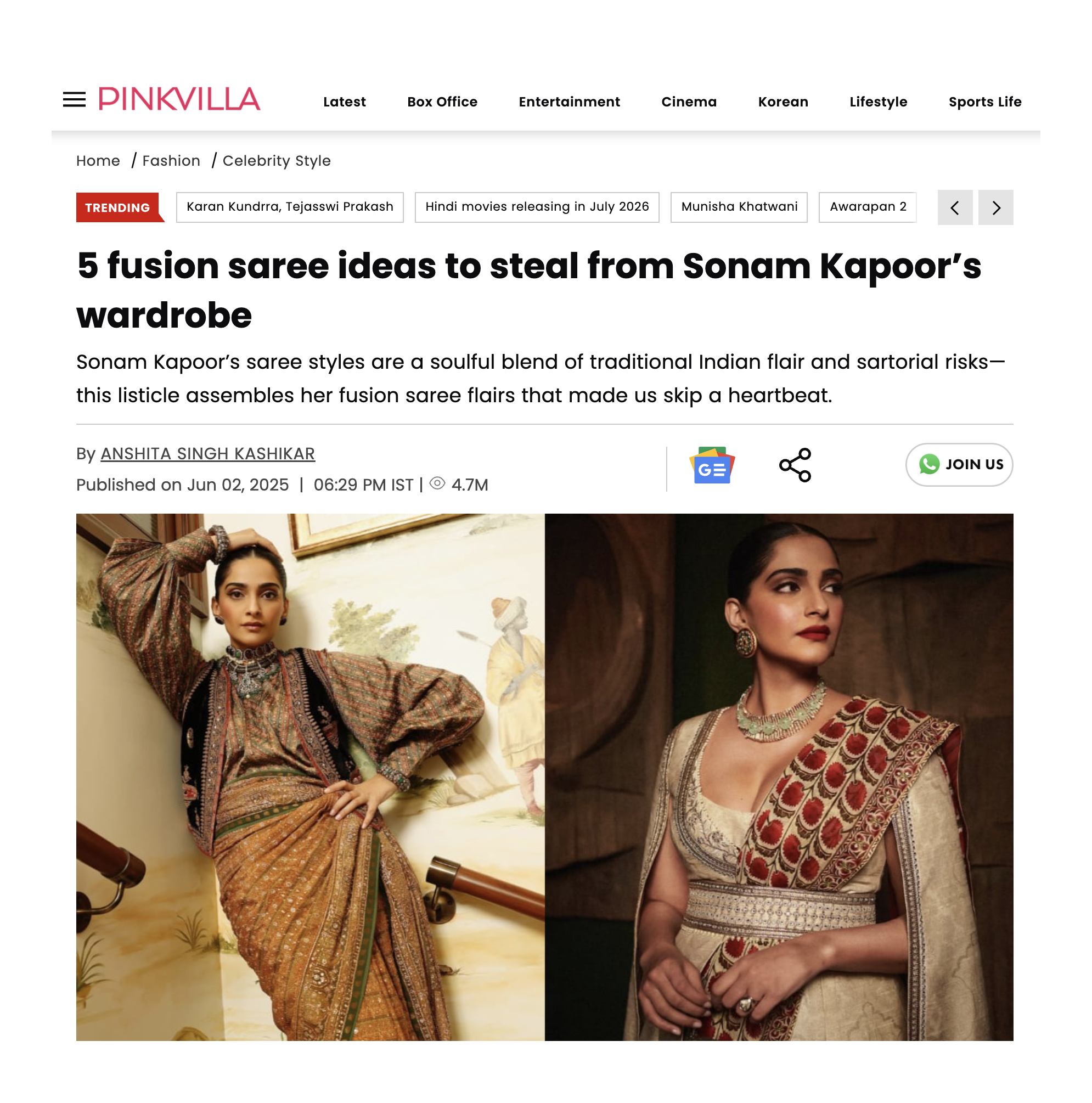 Pinkvilla — Sonam Kapoor fusion saree feature